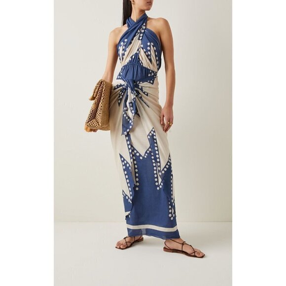 Johanna Ortiz Beach Panache Printed Cotton Voile Maxi Dress White Blue Size 4 - Picture 2 of 12